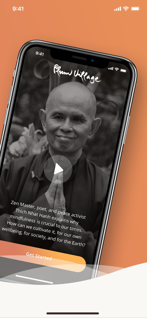 Pantalla de bienvenida de la aplicación Plum Village con el Maestro Zen Thich Nhat Hanh