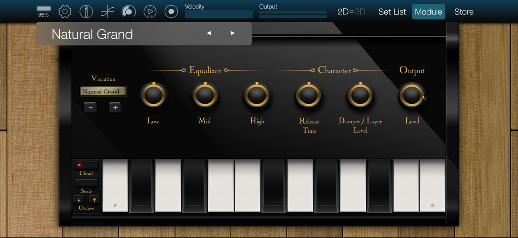 KORG Module - Interfaccia dell'app KORG Module per il pianoforte Natural Grand con controlli di equalizzazione e carattere
