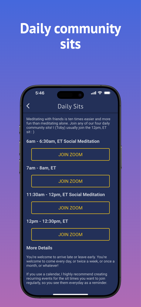 Brightmind Meditation - Brightmind Meditation app interface showing the schedule for daily community sits with join zoom links