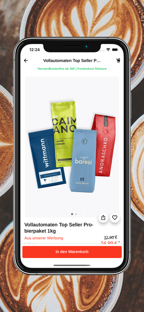 roastmarket - Kaffee Online - A product screen in the roastmarket app showing a 1kg coffee variety pack with different roaster brands
