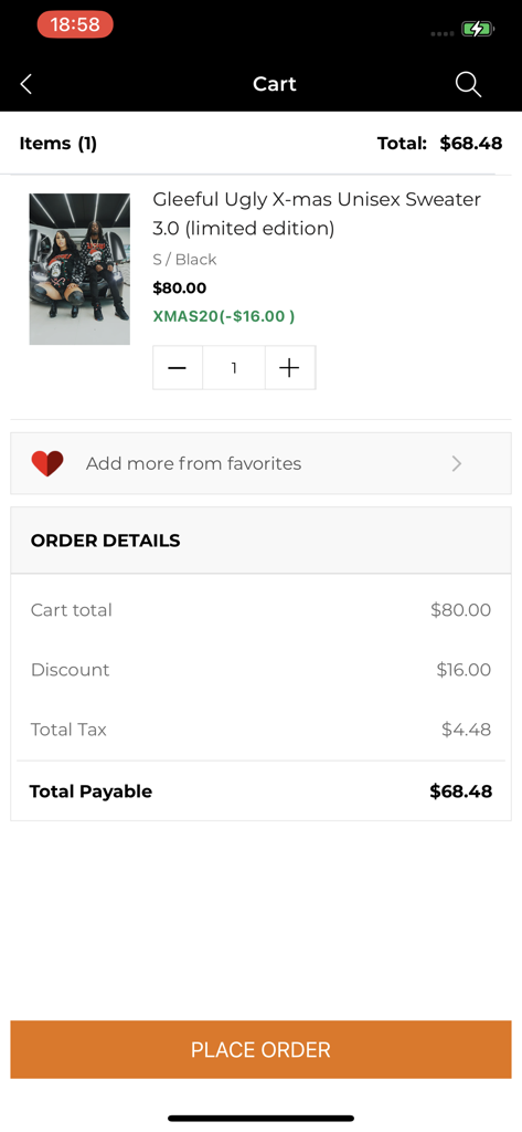 Sniper Gang Apparel App - A screenshot of the shopping cart in the Sniper Gang Apparel App showing a limited edition Christmas sweater and the order summary with a place order button