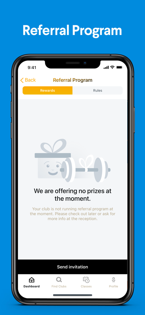 NDHCモバイルアプリの紹介プログラム画面。報酬とルールのセクションが表示され、「招待を送信」ボタンがあります。