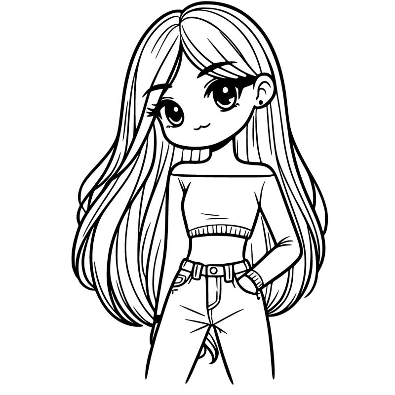 a girl with long straight hair and crop top and jeans