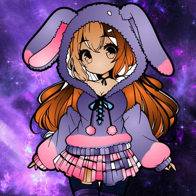 pretty anime girl wearing a fluffy hoodie with bunny ears on the hood and a skirt