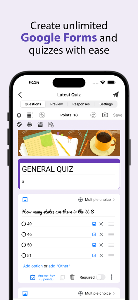 Eine mobile Oberfläche zur Erstellung eines Google Forms-Quiz mit Multiple-Choice-Fragen und Punktwerten.