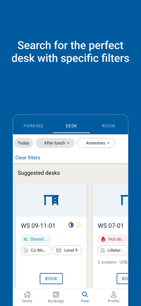 Areo Hybrid Work - La interfaz de la aplicación Areo Hybrid Work mostrando opciones de reserva de escritorios con filtros de búsqueda específicos