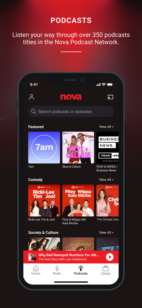 Nova Player: Radio & Podcasts - Nova Player App Podcast-Bildschirm mit beliebten australischen Radiosendungen und Comedy-Podcasts
