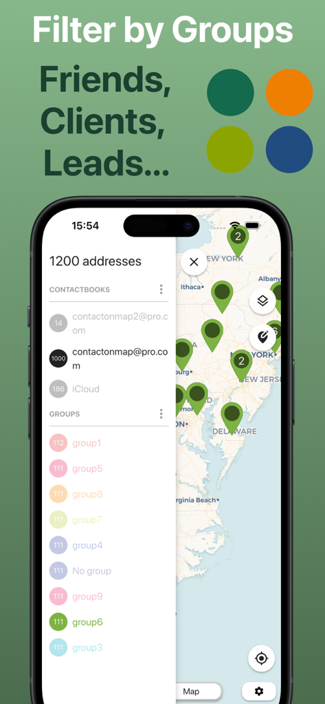 Contact Map - Address Mapping - App screen showing contact addresses filtered by color coded groups on a map interface