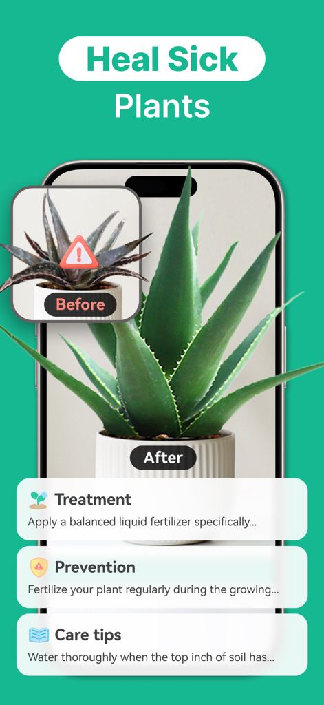 KI-Pflanzenpflege-App zeigt eine Diagnose und einen Behandlungsplan für kranke Pflanzen