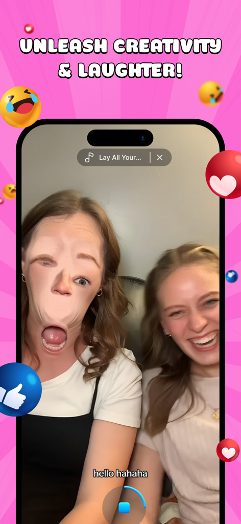 Two friends recording a video using a funny face distortion filter