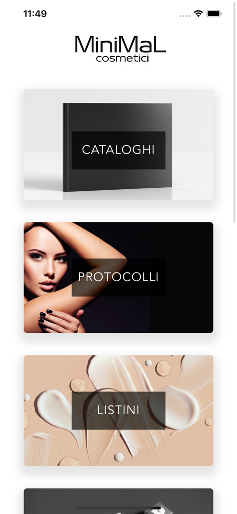 Pantalla de la aplicación Minimal Group Pro que muestra secciones para catálogos profesionales y protocolos de tratamiento