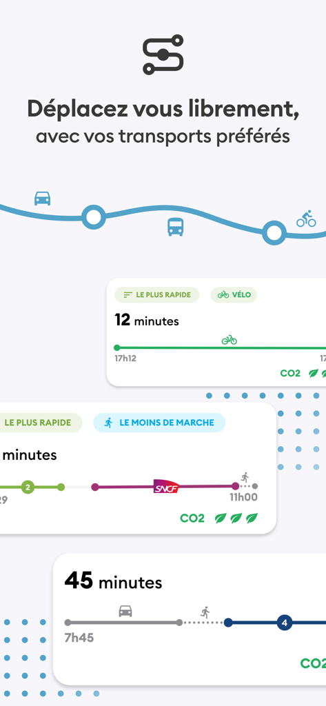 Transp'Or & Mobilités - Transp Or app interface showing various multi modal transportation routes and travel times
