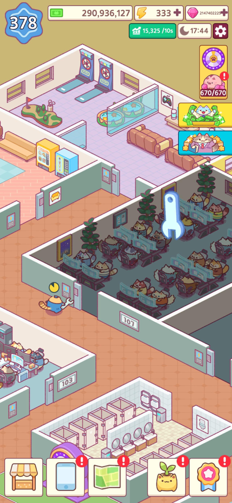 Vista isométrica de empleados gatos trabajando en una oficina con sala de descanso y área de trabajo en Office Cat Idle Tycoon.