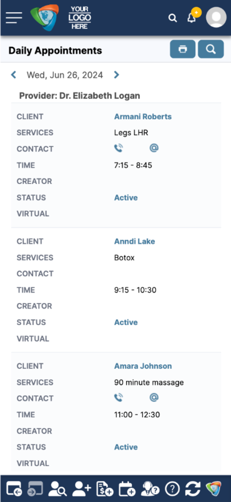 AestheticsPro - Mobile view of the AestheticsPro app showing a daily appointment schedule for a medical spa practitioner with client names and service details.