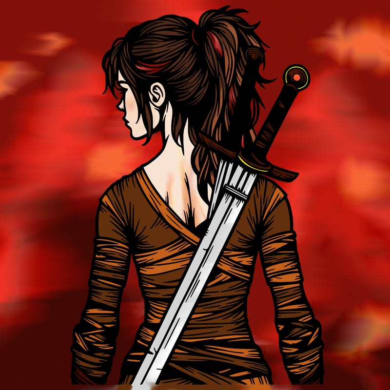 very realistic warrior girl with swords behind her back face showing