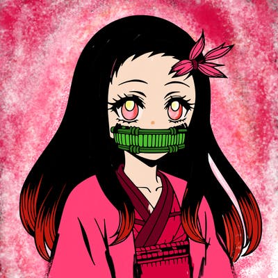 nezuko anime girl with bamboo muzzle and black hair with dyed ends