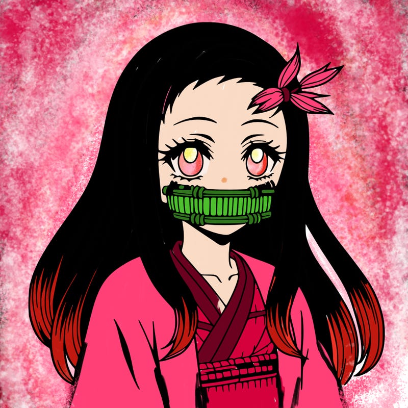 nezuko anime girl with bamboo muzzle and black hair with dyed ends