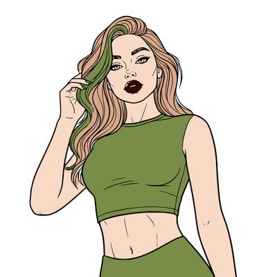 super cute girl with hand brushing hair out of face and lip injections in a crop top