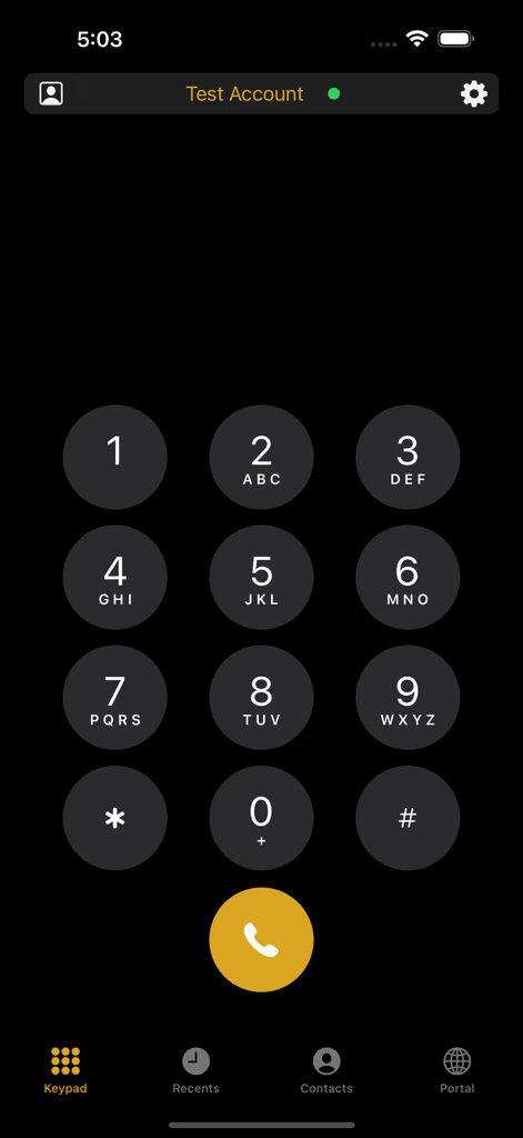 Interface do discador do aplicativo móvel Smart-SIP-Phone Pro em modo escuro.