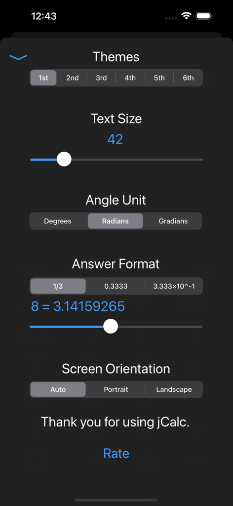 jCalc – Scientific Calculator - jCalc scientific calculator settings screen with options for themes text size angle units and answer formats