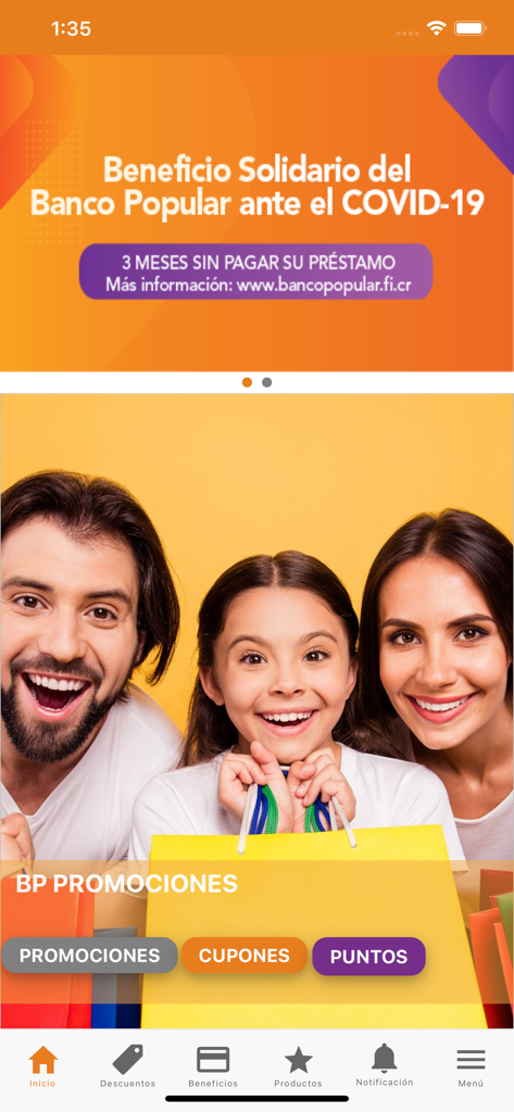 BP Promociones app interface showing banking benefits and shopping discounts for families