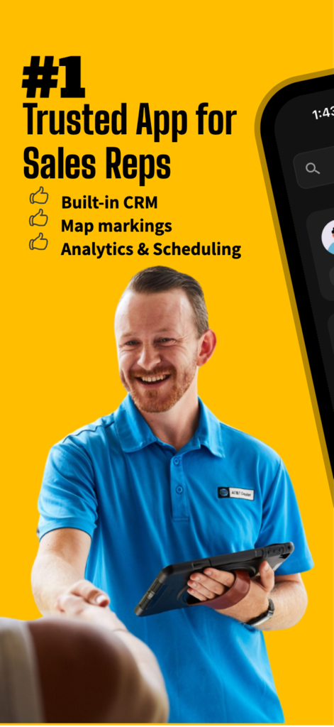Professional sales representative shaking hands with a homeowner while using the D2D CRM app on a tablet
