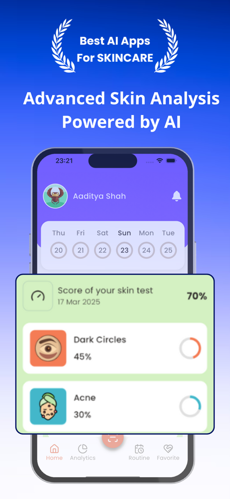 SkinMama app interface showing AI powered skin analysis results including dark circles and acne scores