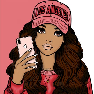realistic beautiful girl wearing los ángeles cap holding an iphone