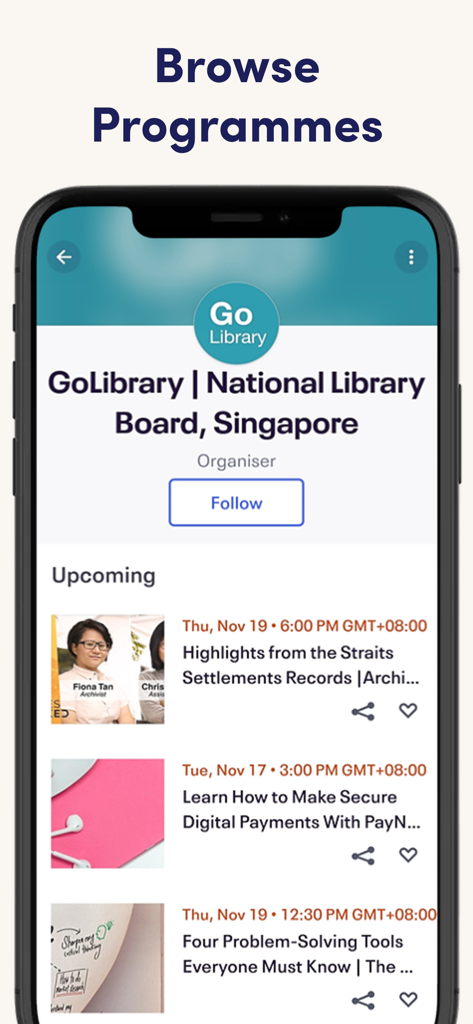 NLB Mobile - Una pantalla móvil que muestra una lista de los próximos programas educativos y eventos de la biblioteca en la aplicación NLB Mobile