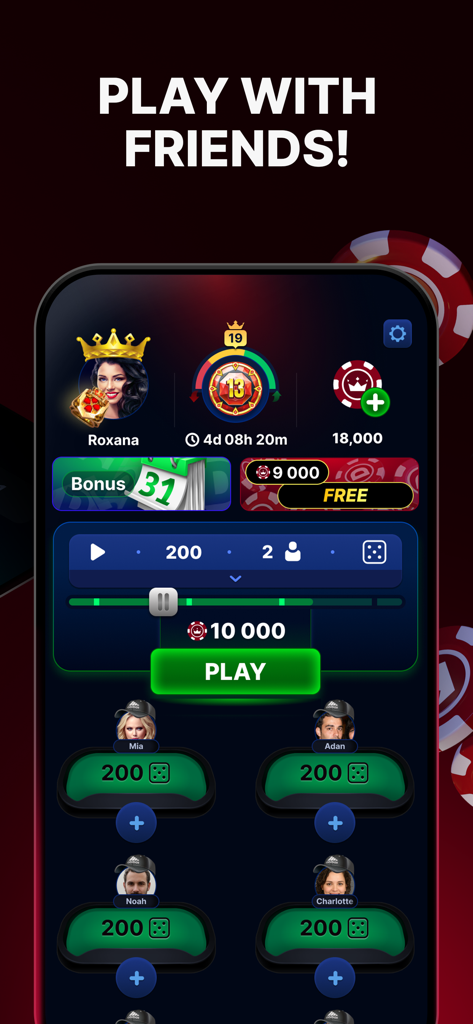 Captura de pantalla de la aplicación Domino Online 3D mostrando el lobby multijugador para jugar con amigos y perfiles de jugadores.