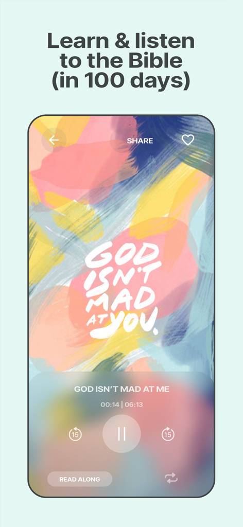 Soulspace app screen showing an audio player with the text God Is Not Mad At You over a colorful abstract background