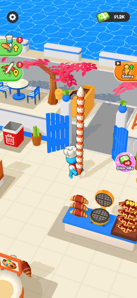 My Sweet Bakery! - A pastry chef character carrying a tall stack of desserts in a seaside bakery shop