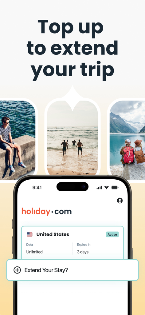 Interfaz de la aplicación holiday.com que muestra cómo extender un plan de datos ilimitados en iPhone