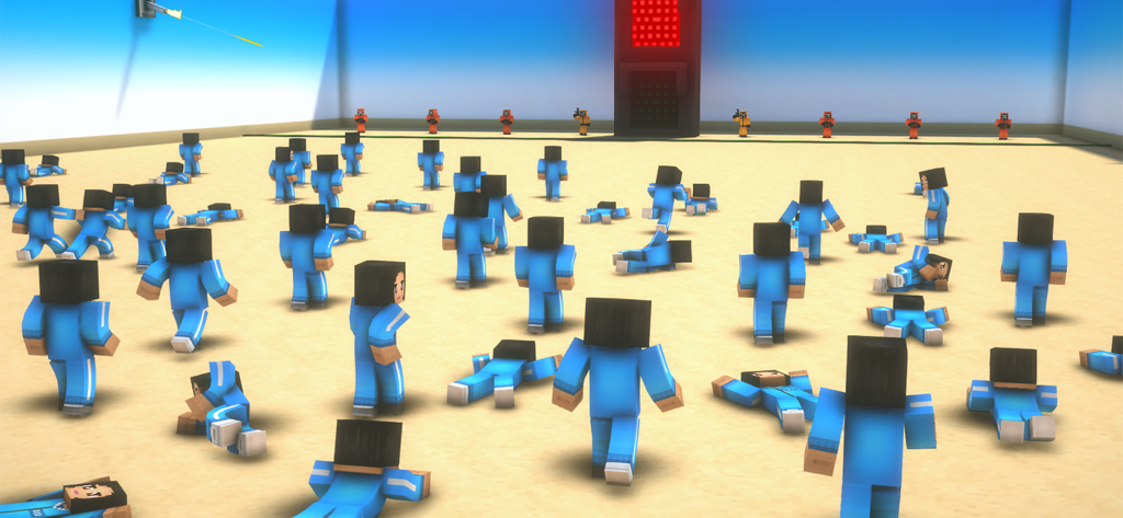 Personnages pixélisés en survêtements bleus jouant à un mini-jeu de « 1, 2, 3 soleil » dans une arène de sable.