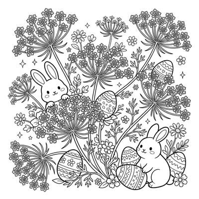 Discover this enchanting coloring page featuring cute Easter bunnies playfully hidden among delicate Queen Anne's Lace flowers. Adorned with intricately patterned eggs, this design is perfect for celebrating the joy of spring and Easter.