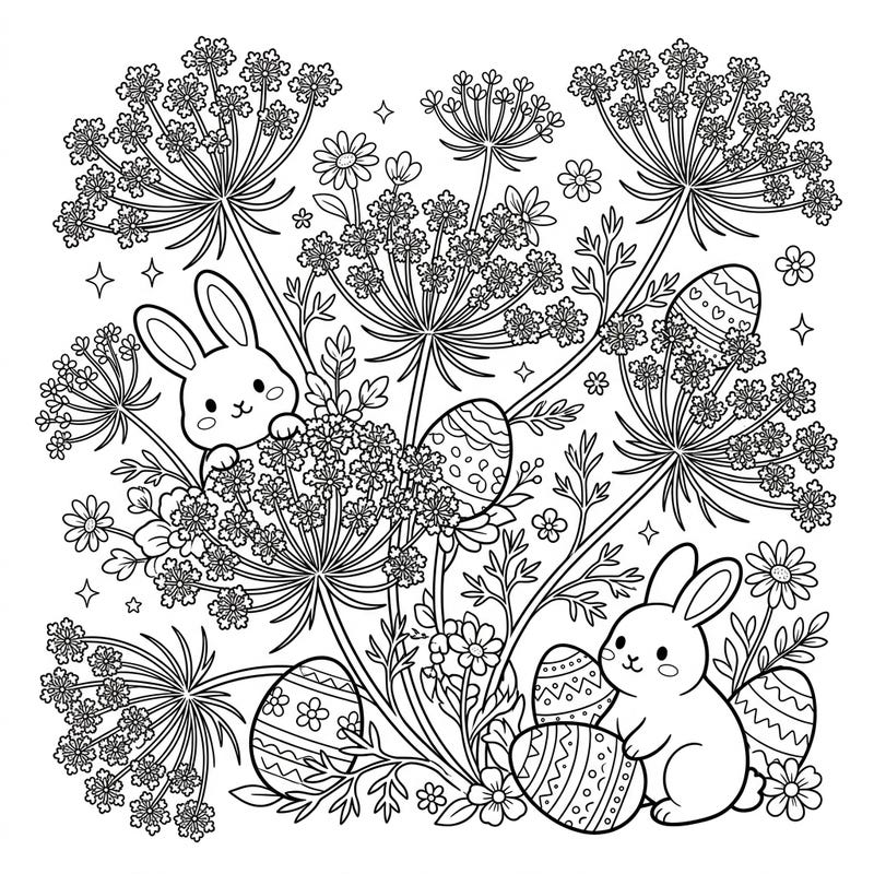 Discover this enchanting coloring page featuring cute Easter bunnies playfully hidden among delicate Queen Anne's Lace flowers. Adorned with intricately patterned eggs, this design is perfect for celebrating the joy of spring and Easter.