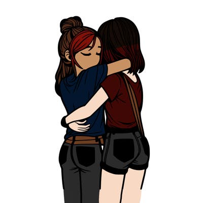 two girls hugging realistic