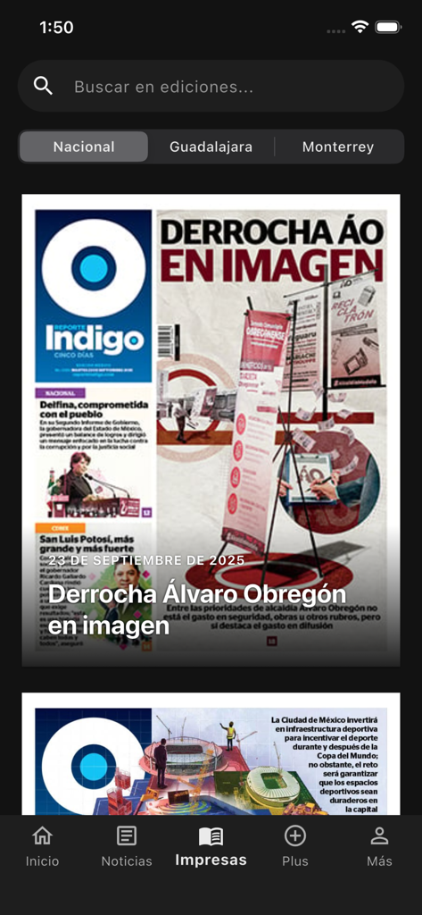 Reporte Índigo - Interface of the Reporte Indigo mobile app showing the digital printed editions and news headlines from Mexico