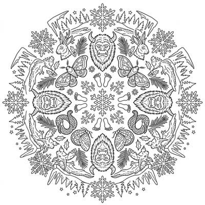 Embark on a chilling artistic journey with this Cryptid Winter Mandala. Discover a unique symmetrical design featuring legendary creatures amidst a beautiful winter wonderland, perfect for an imaginative coloring escape.