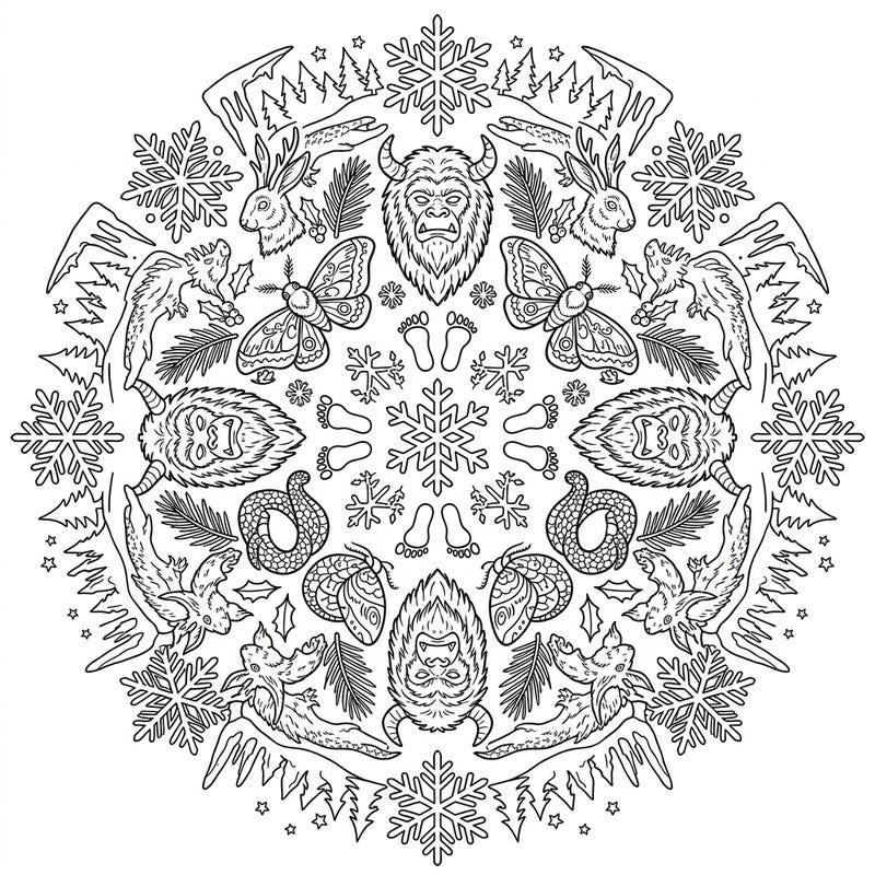 Embark on a chilling artistic journey with this Cryptid Winter Mandala. Discover a unique symmetrical design featuring legendary creatures amidst a beautiful winter wonderland, perfect for an imaginative coloring escape.