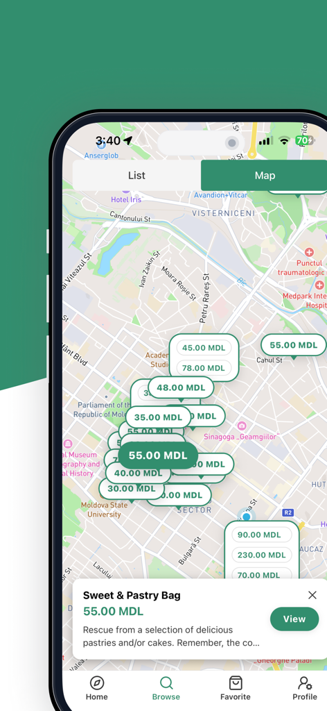 Time to Dine - Map view of the Time to Dine app showing nearby discounted food surplus deals and a sweet and pastry bag offer