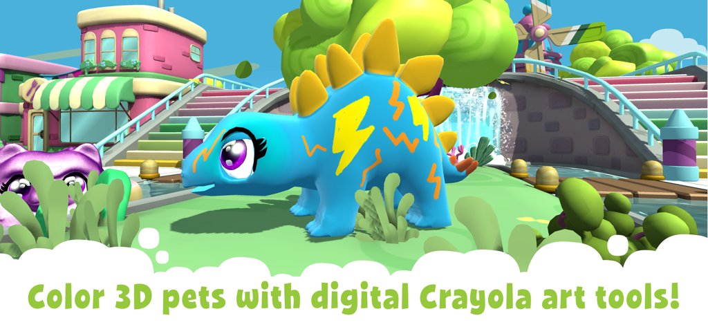 Un dinosauro 3D blu con segni gialli creativi in un colorato parco digitale