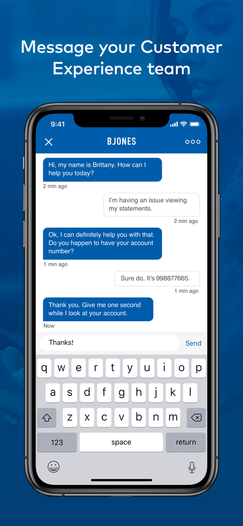 A mobile screen showing a live chat session with a customer experience representative within the GM Financial app.