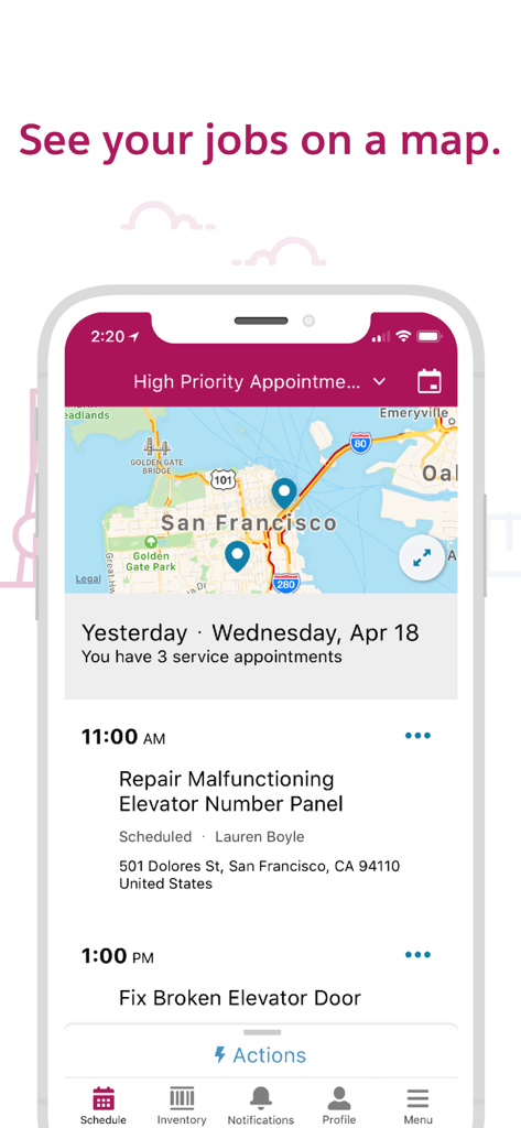 作業場所のピンが表示された地図と一日のサービス予約リストを表示する Salesforce Field Service アプリの画面