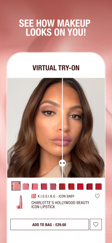 CHARLOTTE TILBURY: EASY BEAUTY - Screenshot of the virtual try-on feature in the Charlotte Tilbury app showing a split-screen comparison of lipstick shades on a model