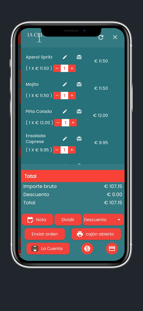 A mobile POS checkout screen from La Cuenta TPV app listing drinks and food with payment buttons.