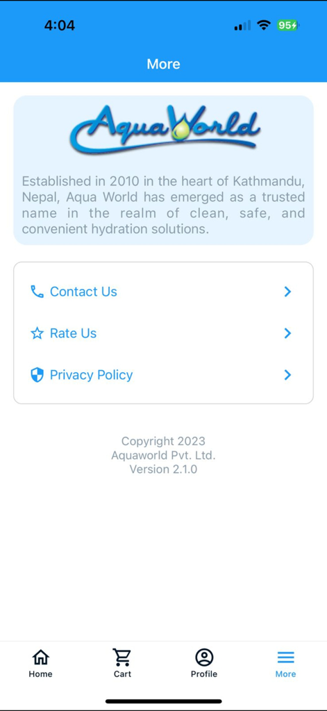 Aqua World - Aqua World mobile app more settings screen showing company background and contact options