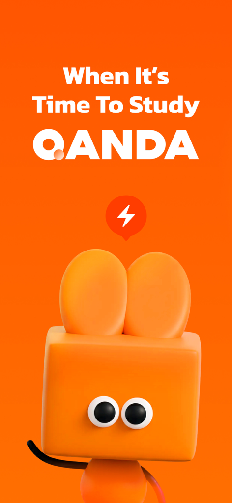 An orange 3D character mascot for the QANDA AI study app on an orange background with a lightning bolt icon
