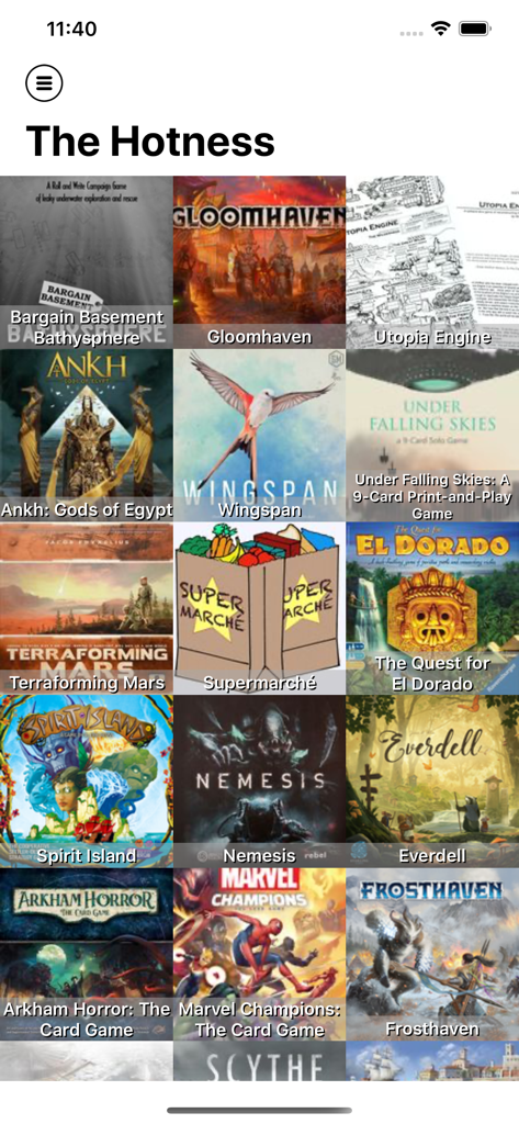 BGG BoardGames Information - La pantalla Hotness en la aplicación BGG que muestra una cuadrícula de juegos de mesa en tendencia, incluyendo Gloomhaven y Wingspan.