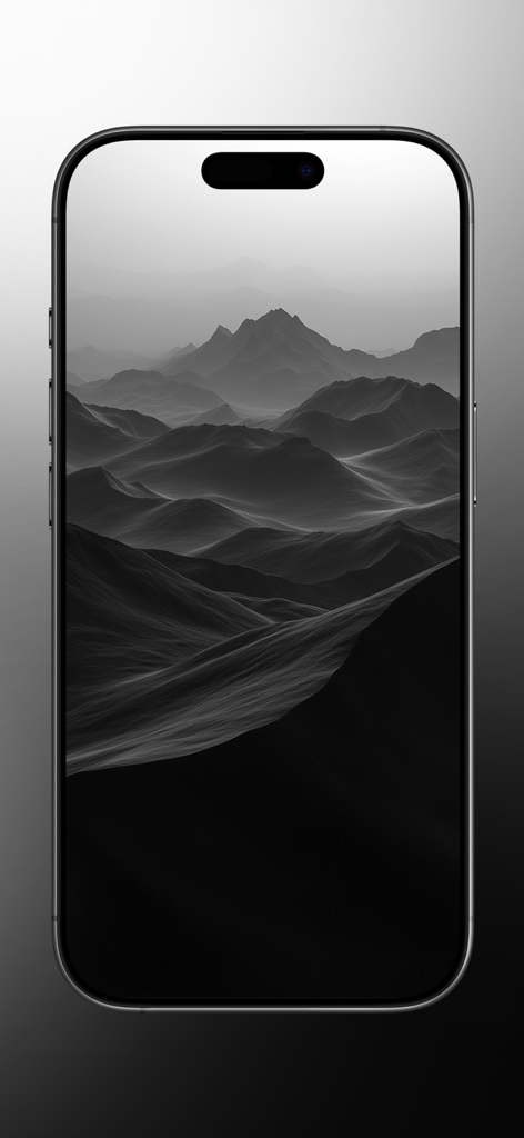 Liquid Wallpapers 26 Themes - Minimalist monochromatic wallpaper featuring abstract liquid mountains with spatial depth on an iPhone screen